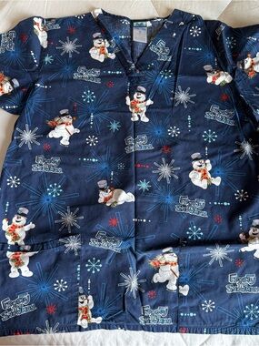 Unisex Frosty Snowman Navy Blue Holiday Scrub Top